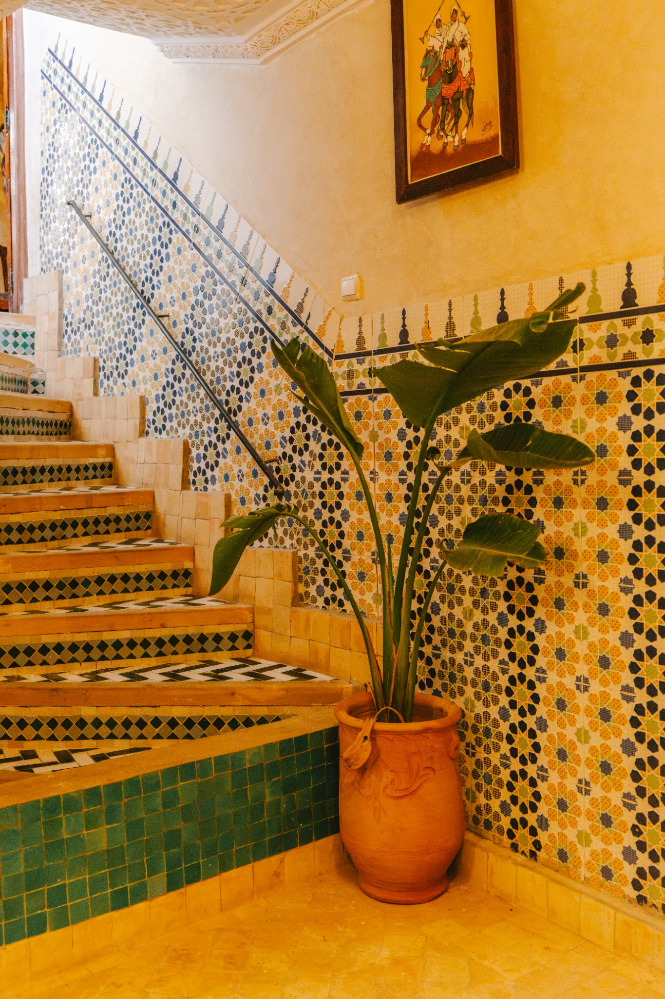 A mosaic staircase and large plant in the riad